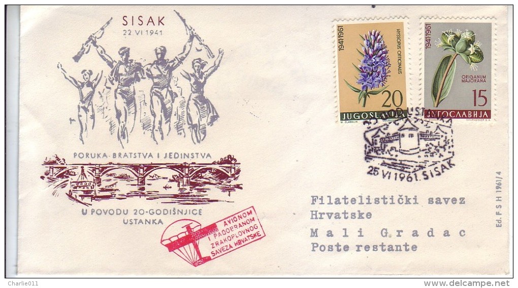 FLOWERS-HYSSOPUS OFFICINALIS-ORIGANUM MAJORANA-UPRISING-20 ANNIV-CACHET-PARACHUTE-PLANE-RARE-CROATIA-YUGOSLAVIA-1961 - Poste Aérienne