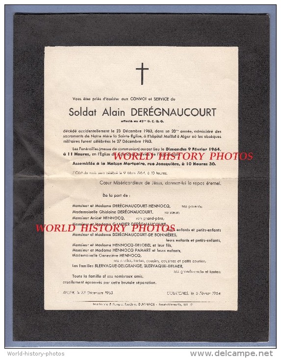 Faire-Part De Décés Ancien - COUTICHES - Soldat Alain DEREGNAUCOURT , 43e G.C.Q.G. à ALGER - 1963 - Guerre D' Algerie - Décès