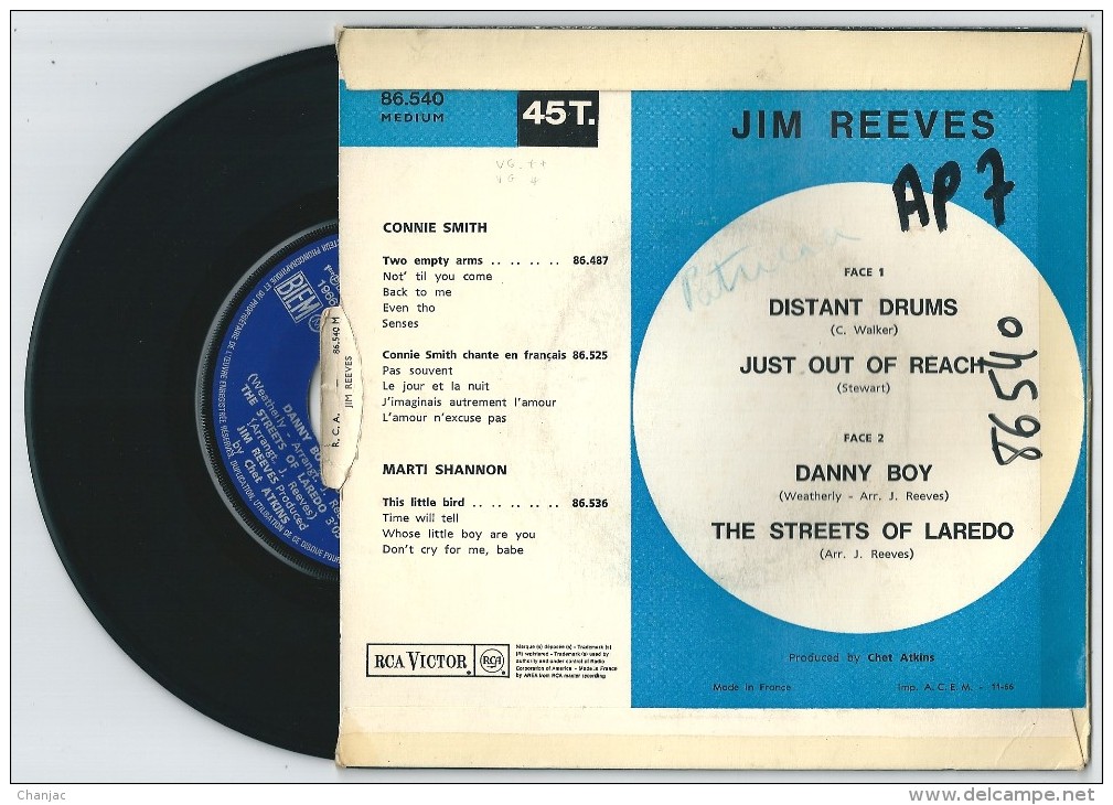 45 Tours JIM REEVES Distant Drums + 3. RCA Victor 86.540 De 1966 (Languette) - Andere & Zonder Classificatie