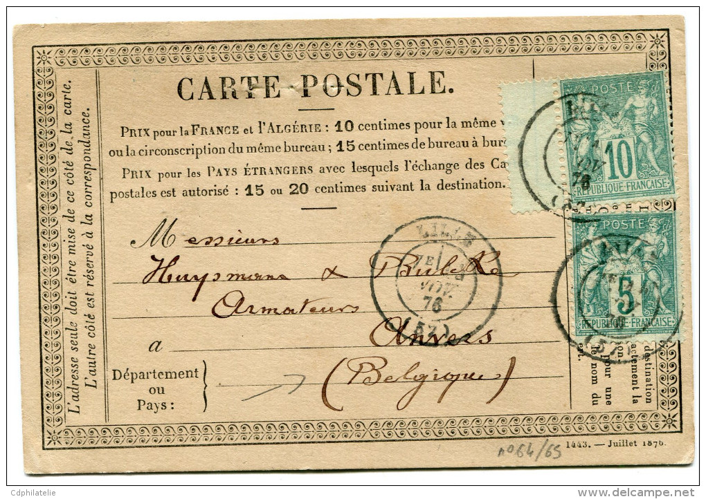 FRANCE CARTE PRECURSEUR AFFRANCHIE AVEC UN N°64 ET UN N°65 OBLITERATION CACHET DEPART LILLE 14 NOV. 76 POUR LA BELGIQUE - Cartes Précurseurs