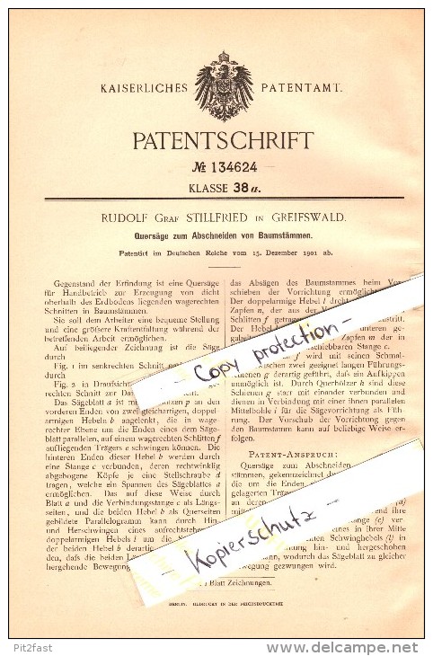 Original Patent - Rudolf Graf Stillfried In Greifswald I. Mecklenburg , 1901 , Quersäge Für Baumstämme  Sägewerk , Forst - Greifswald