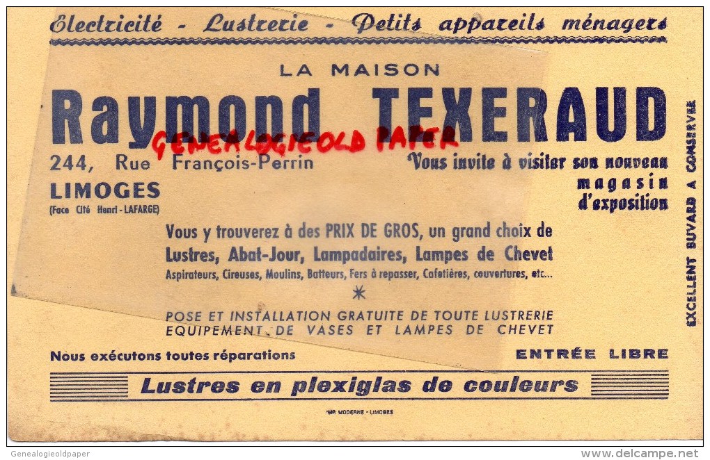 87 - LIMOGES - BUVARD RAYMOND TEXERAUD- 244 RUE FRANCOIS PERRIN- ELECTRICITE - LUSTRERIE - Electricidad & Gas