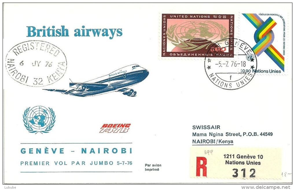 Luftpost  "Britisch Airways Erstflug B-747  Genève - Nairobi"  (UN-Frankatur)         1976 - Primi Voli