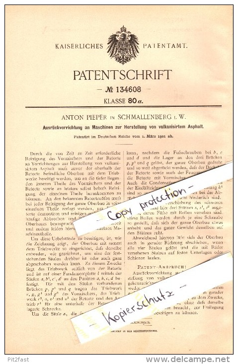 Original Patent - Anton Pieper In Schmallenberg I.W. , 1901 ,  Herstellung Von Vulkanisiertem Asphalt , Straßenbau !!! - Schmallenberg