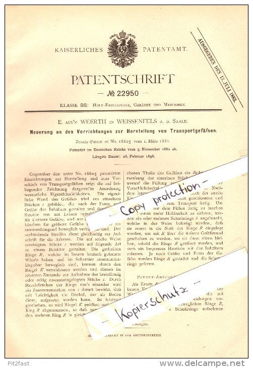 Original Patent - Ernst Aus’m Weerth In Weißenfels A. Saale , 1882 , Herstellung Von Transportgefäßen !!! - Weissenfels