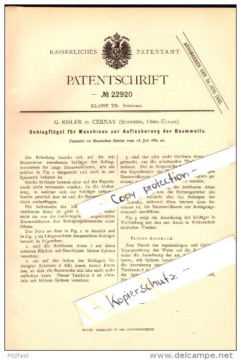 Original Patent - G. Risler à Cernay / Sennheim , 1882 , Machine Pour Le Coton !!! - Cernay