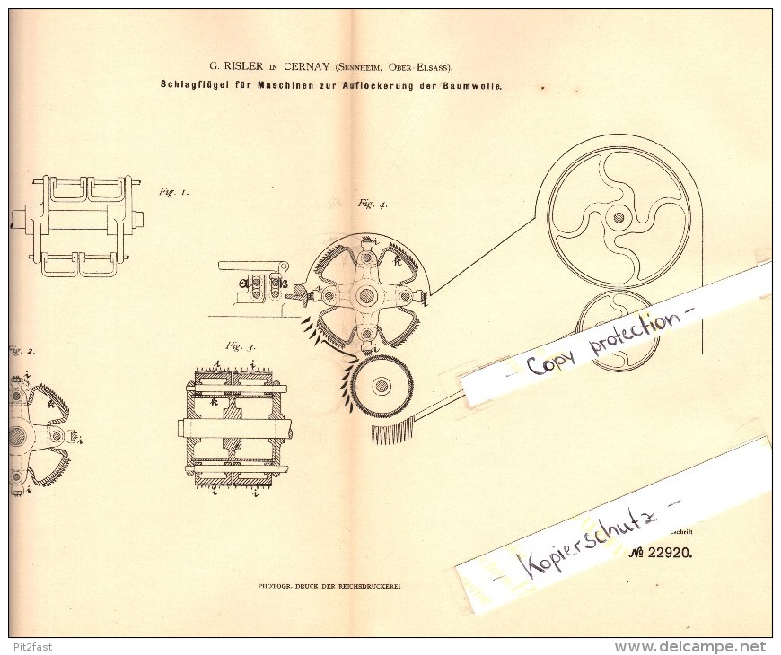 Original Patent - G. Risler à Cernay / Sennheim , 1882 , Machine Pour Le Coton !!! - Cernay
