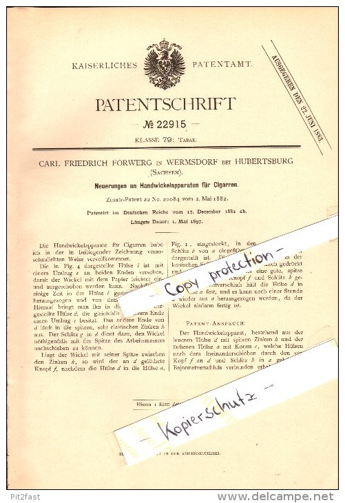 Original Patent - C.F. Forwerg In Wermsdorf B. Hubertusburg , 1882 , Handwickelapparat Für Cigarren , Cigarre !!! - Wermsdorf