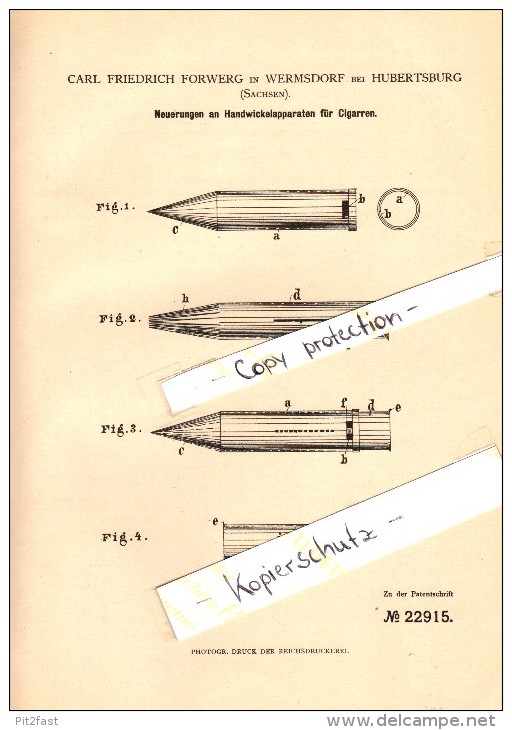 Original Patent - C.F. Forwerg In Wermsdorf B. Hubertusburg , 1882 , Handwickelapparat Für Cigarren , Cigarre !!! - Wermsdorf