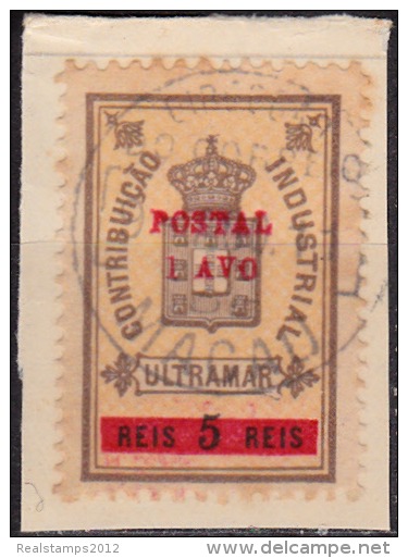 MACAU - 1911,  Estampilha Fiscal, Com Sobretaxa, 1 A. S/ 5 R. (Sobre Fragmento)   D. 12 X 12 1/2   (o)  MUNDIFIL Nº 144 - Used Stamps