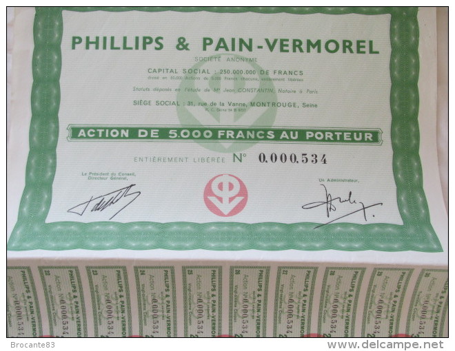 PHILLIPS ET PAIN VERMOREL A MONTROUGE ACTION DE 5000 FR - P - R
