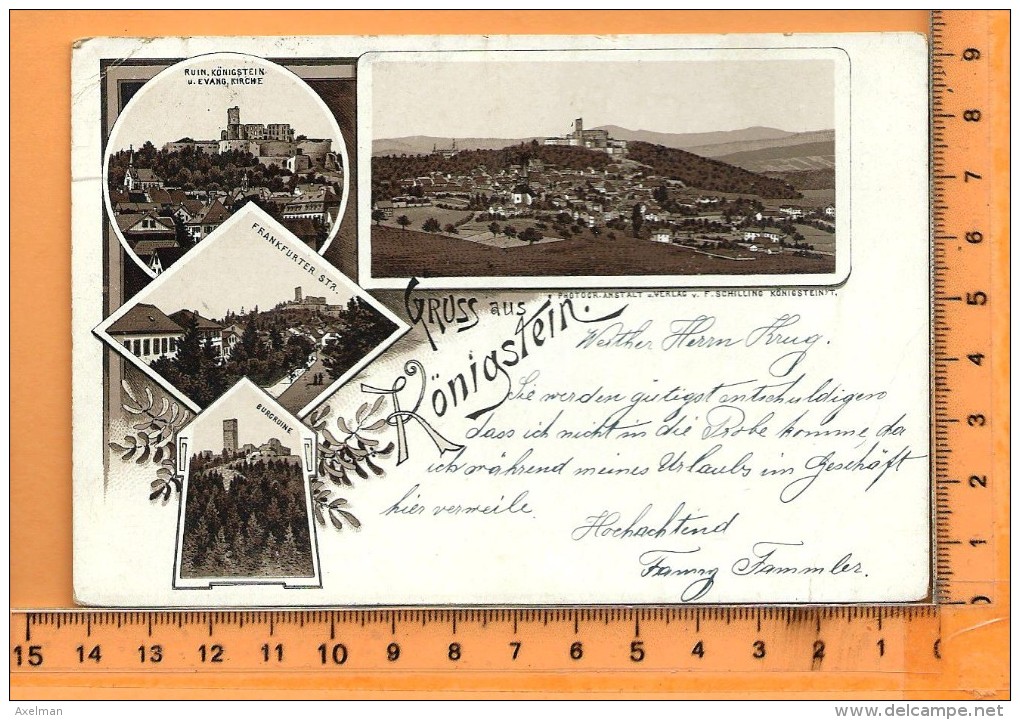 KÖNIGSTEIN: Gruss Aus Königstein, Lithographie Multi Vues, Panorama, Ruin. Königstein, Frankfurter Strasse, Burgruine - Koenigstein