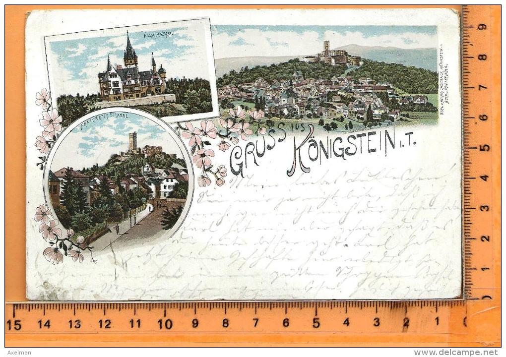 KÖNIGSTEIN: Gruss Aus Königstein, Lithographie Multi Vues, Panorama, Villa Andrea, Frankfurter Strasse, - Koenigstein