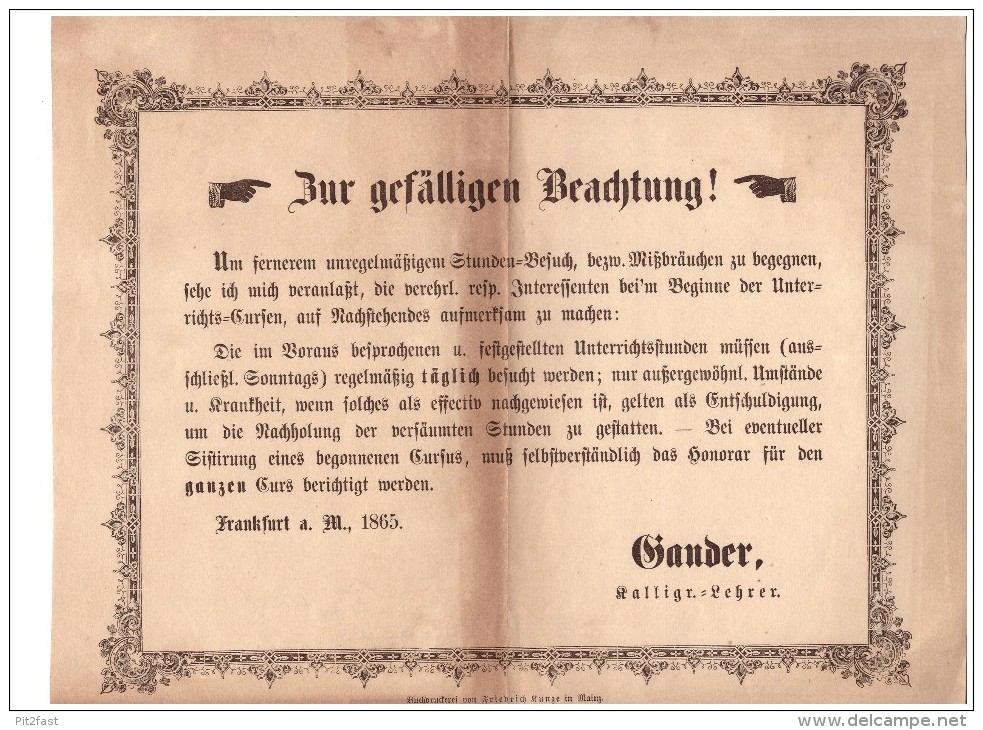 Alte Werbung , 1865 , Hof- Kalligraph Gander In Mainz , Feder , Federhalter , Kalligraphie !!! - Federn