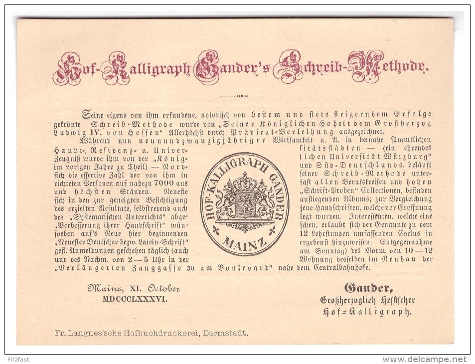 Original Werbekarte Von Hof- Kalligraph Gander In Mainz , 1886 , Feder , Federhalter , Kalligraphie !!! - Pens