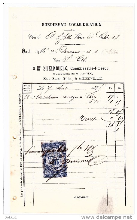 Bordereau D´adjudication, Me Steinmetz, Commissaire-priseur à Abbeville - Vente Des 28 Et 29/01/1878 - 1800 – 1899