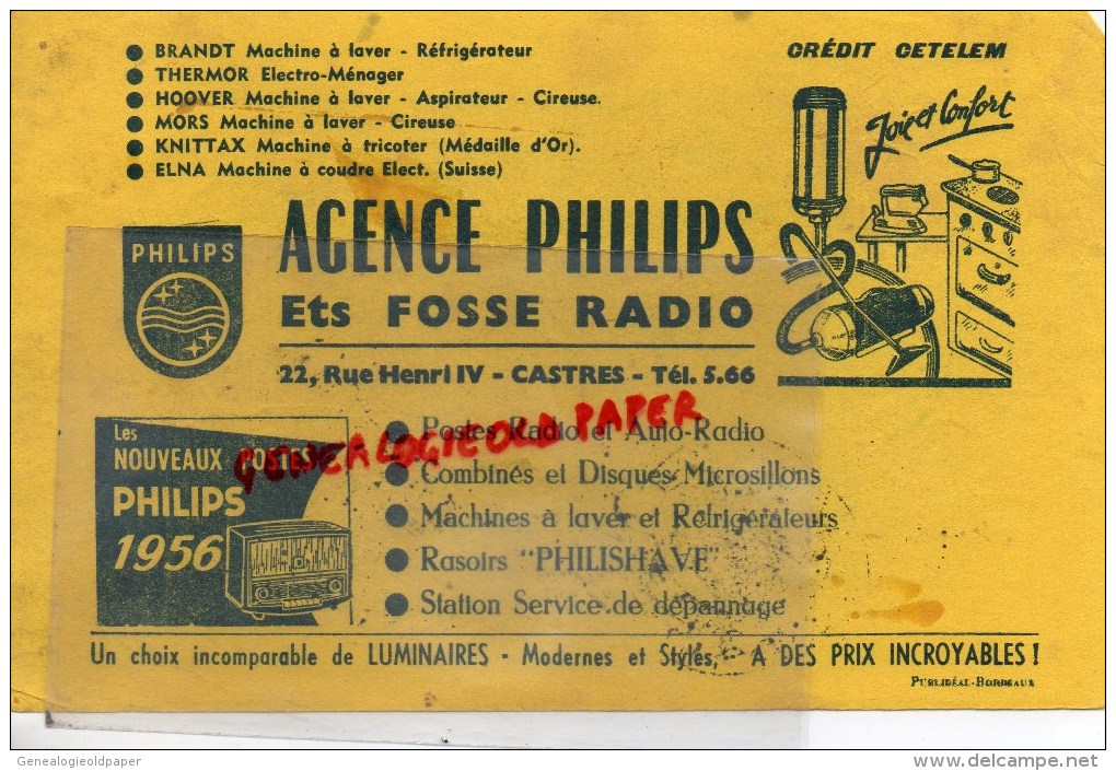 81 - CASTRES -  BUVARD AGENCE PHILIPS - ETS FOSSE RADIO- 22 RUE HENRI IV- CREDIT CETELEM- BRANDT- HOOVER- 1956 - Electricité & Gaz