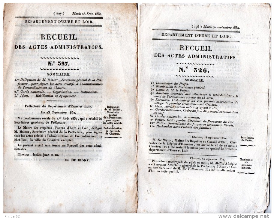 Eure Et Loir, 3 Recueils Des Actes Administratifs Année 1830. Recrutement, Armement, Police, Préfet, Garde Nationale. - Décrets & Lois