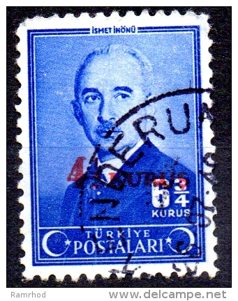 TURKEY 1945 President Inonu Surcharged -  41/2k. On 63/4k. - Blue  FU - Gebraucht