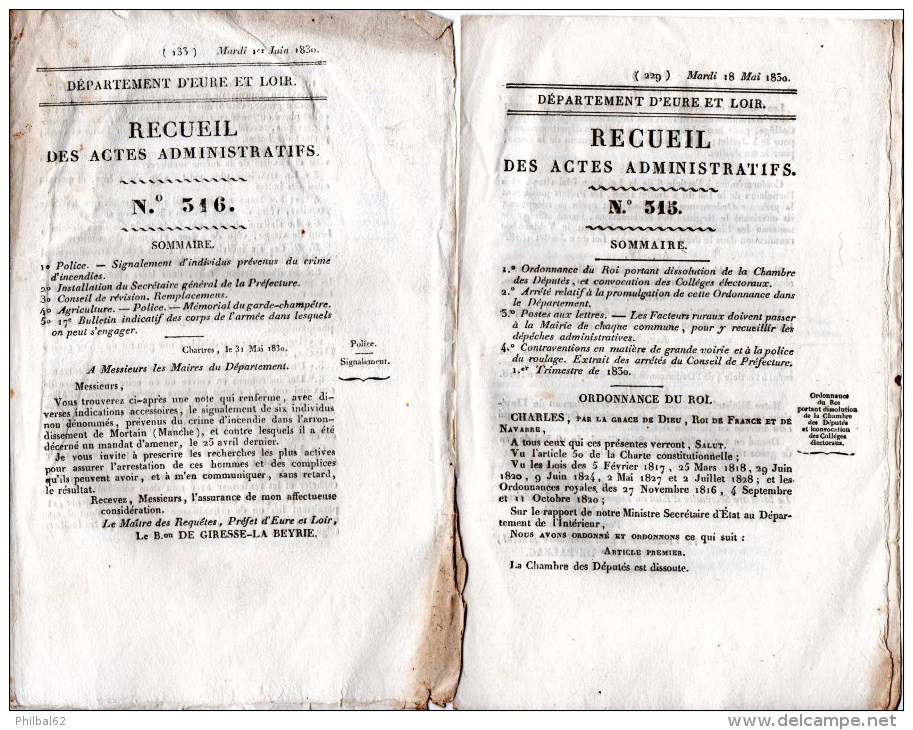 Eure Et Loir, 6 Recueils Des Actes Administratifs Année 1830. Recrutement, Armement, Conseil De Révision, Police. - Décrets & Lois