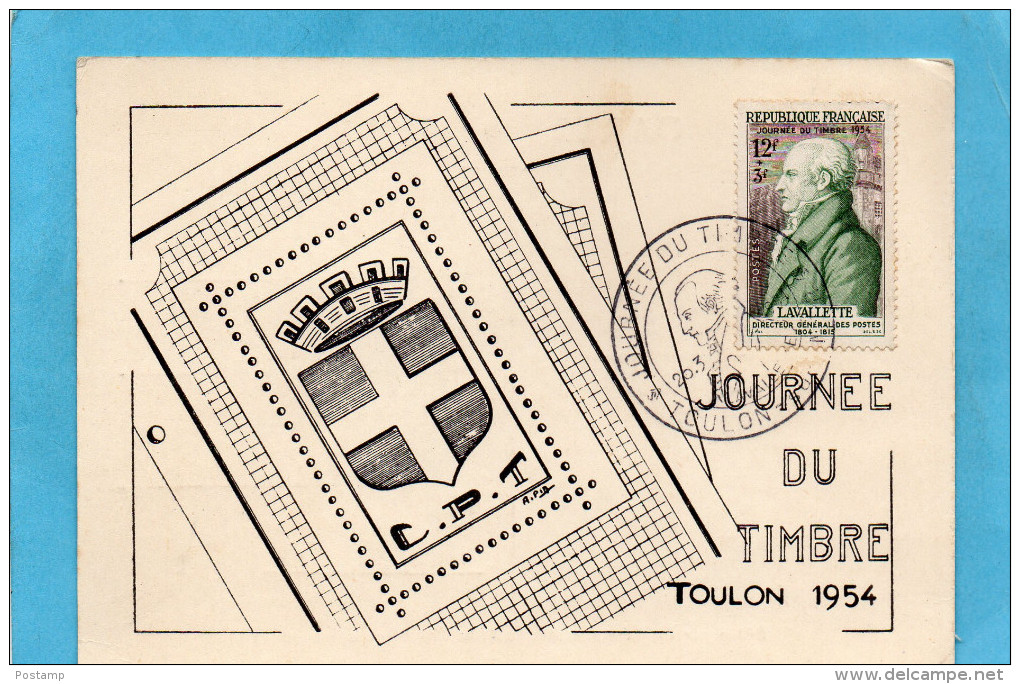 Carte Journée Du Timbre 1954-illustrée -cad TOULON- Mars 1954+VIGNETTE - Esposizioni Filateliche