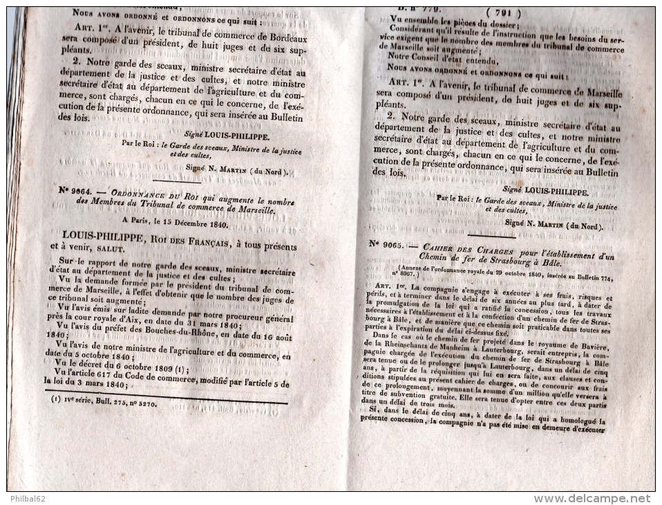 Bulletin Des Lois 779, Novembre 1840. Légion D'Honneur, Organisation Judiciaire Du Sénégal, Armée, Chemin De Fer. - Décrets & Lois