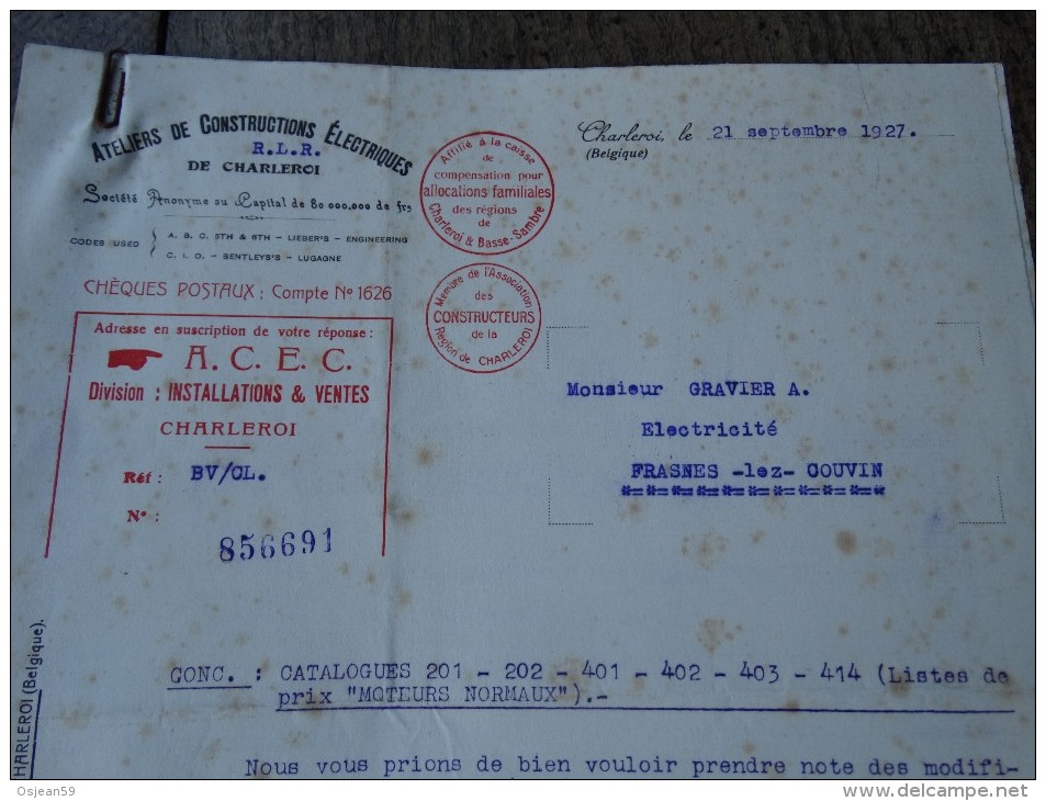 Ateliers De Constructions Electriques De Charleroi Facture Du 21/09/1927-ACEC - Electricidad & Gas