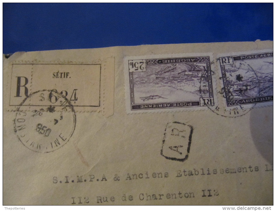 3-123 Algérie 1950 Setif Tarif  Recommandé Paris Distribution  Poste Aerienne AR Acusé Reception - Covers & Documents