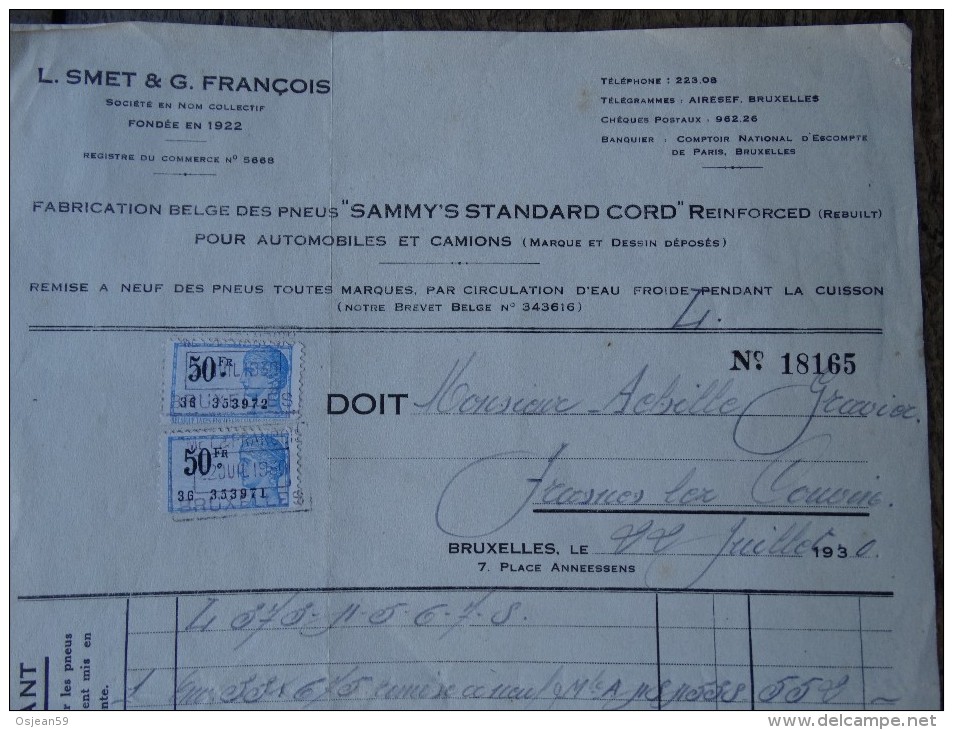 Fabrication Belge Des Pneus"SAMMY´S Standard Cord" Pour Automobiles Facture Du 22/07/1930 - Cars