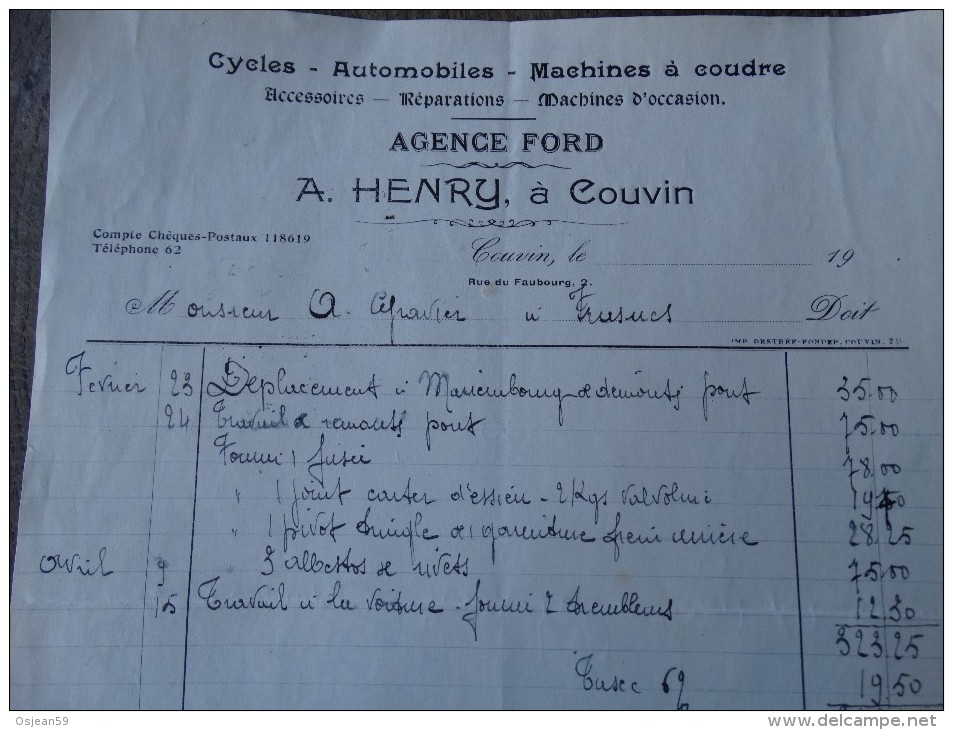 Cycles-automobiles Accessoires Et Réparations à COUVIN Facture Du 09/05/1929 - Cars