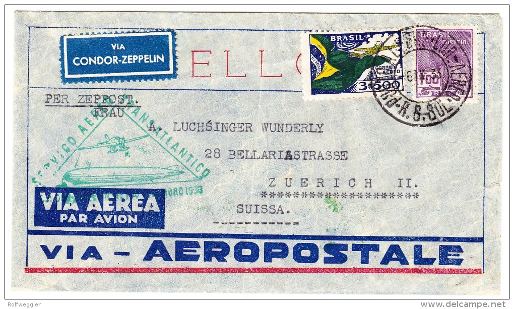 Brasilien Porto Allegre 6.9.1933 Vignette Condor-Zeppelin 6. Südamerikafahrt Brief Nach Zürich - Poste Aérienne