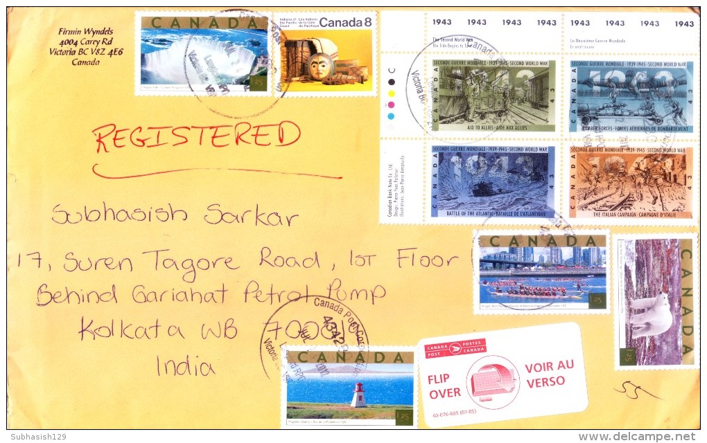 CANADA 2012 REGISTERED AIR MAIL COVER - POSTED FROM LANGFORD RPO, VICTORIA BC FOR INDIA, USE OF SEVERAL STAMPS - Recommandés