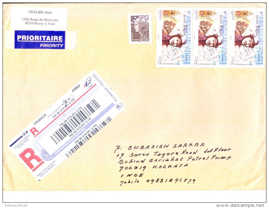 FRANCE 2011 REGISTERED AIR MAIL COVER - POSTED FROM ROZOY LE VIEIL FOR INDIA, USE OF ADDITIONAL STAMPS - Lettres & Documents