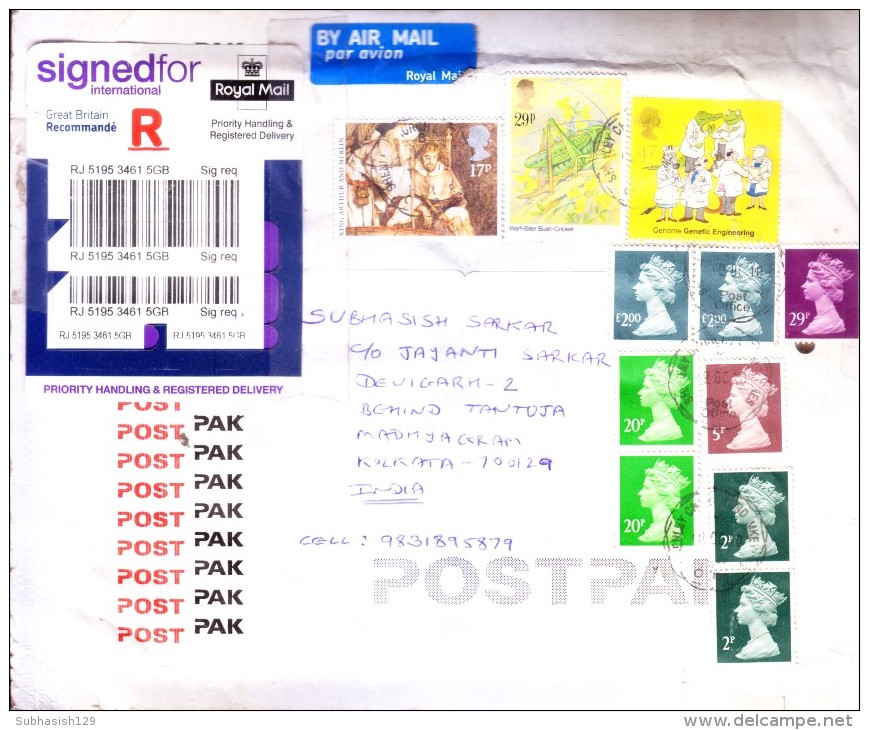 GREAT BRITAIN 2010 REGISTERED AIRMAIL COVER - POSTED FROM SHENLEY CHURCH END FOR INDIA - ADDITIONAL STAMPS USED - Covers & Documents