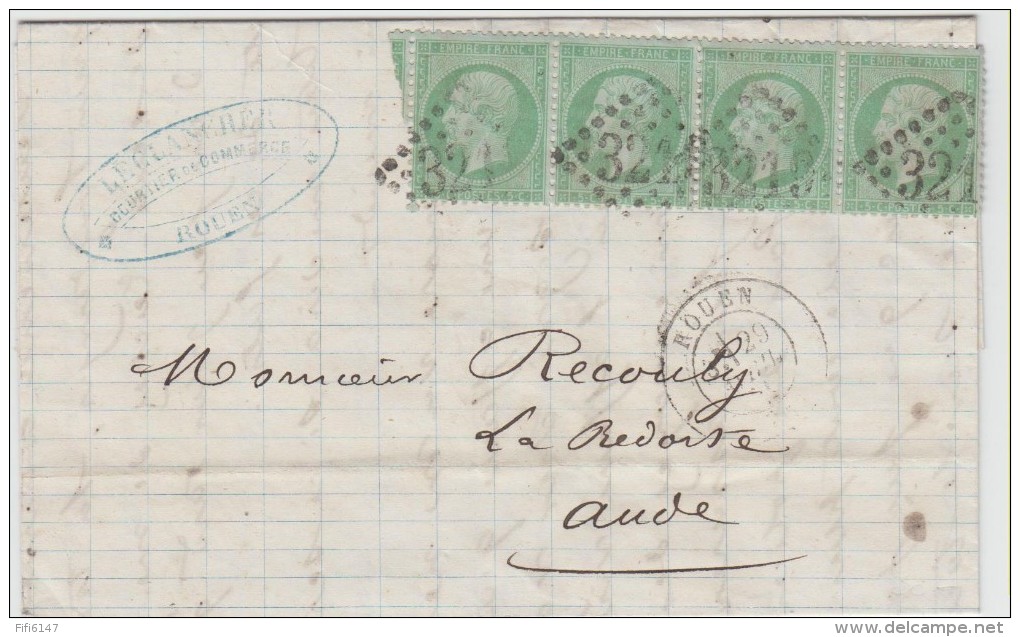 ## FRANCE ## LETTRE DE ROUEN POUR LA REDORTE (AUDE) 29 AVRIL 1871## AFFRANch. BANDE DE 4 N°20 ## - 1849-1876: Periodo Classico