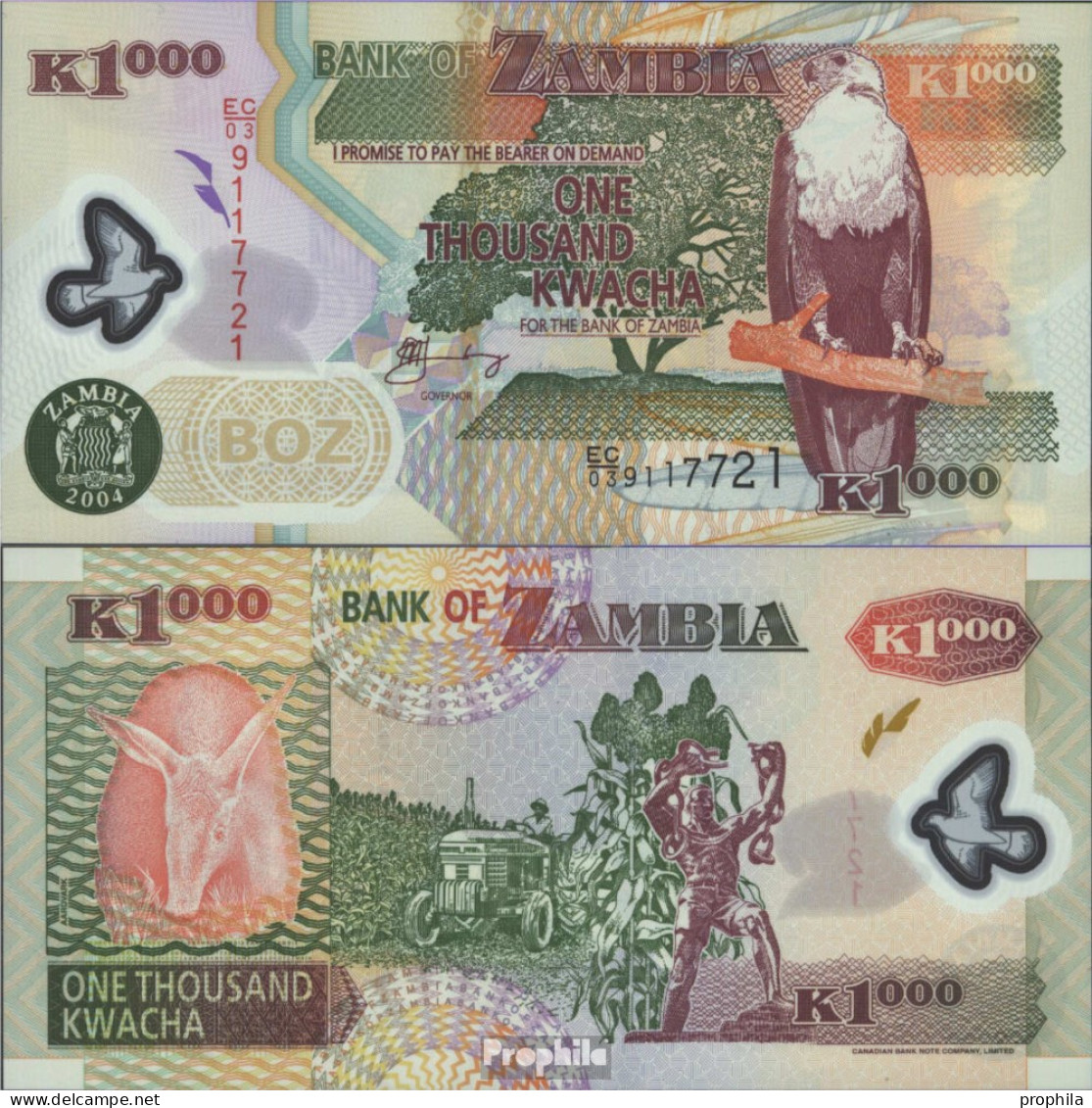 Sambia Pick-Nr: 44c Bankfrisch 2004 1.000 Kwacha (plastic) - Zambie