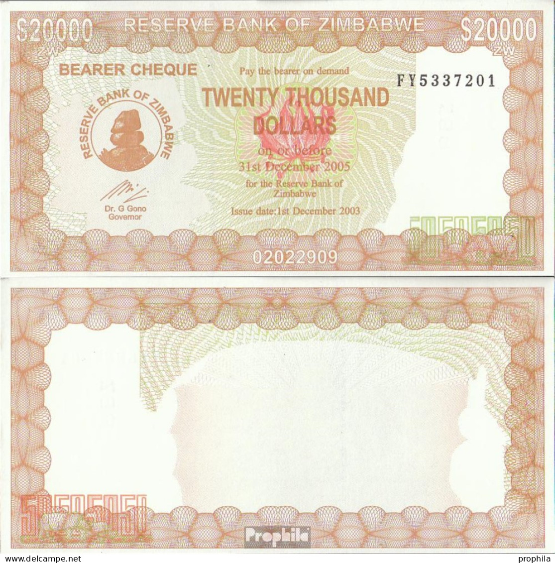 Simbabwe Pick-Nr: 23 (2005) Bankfrisch 2003 20.000 Dollars - Zimbabwe