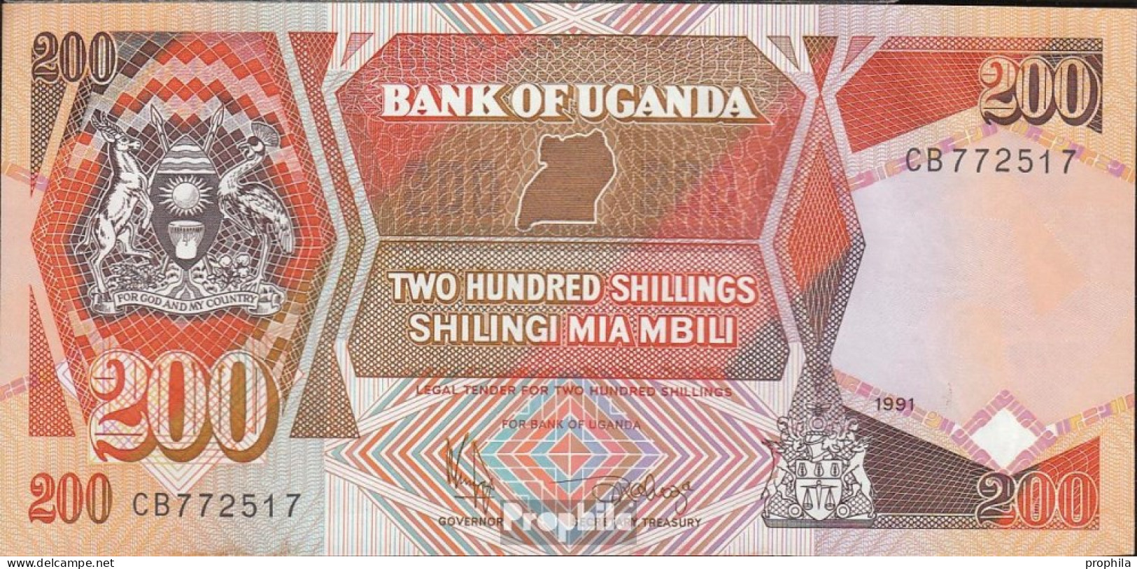 Uganda Pick-Nr: 32b (1991) Bankfrisch 1991 200 Shillings - Uganda