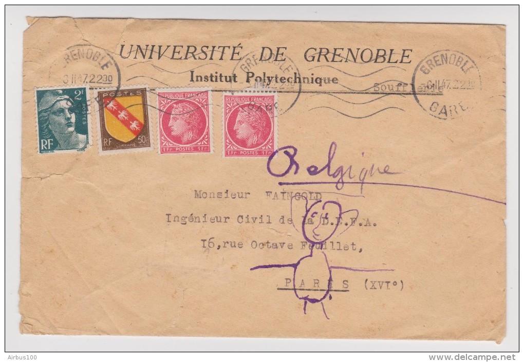 ENVELOPPE UNIVERSITÉ DE GRENOBLE INSTITUT POLYTECHNIQUE 3 FÉVRIER 1947 VERS PARIS - AFFRANCHISSEMENT COMPOSÉ - 2 Scans - - Non Classificati