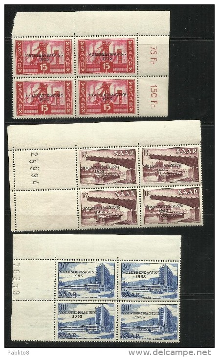 SAAR SAARLAND SARRE VOLKSBEFRAGUNG 1955 OVERPRINTED SOPRASTAMPATA SERIE COMPLETA COMPLETE SET BLOCK QUARTINA  MNH - Neufs