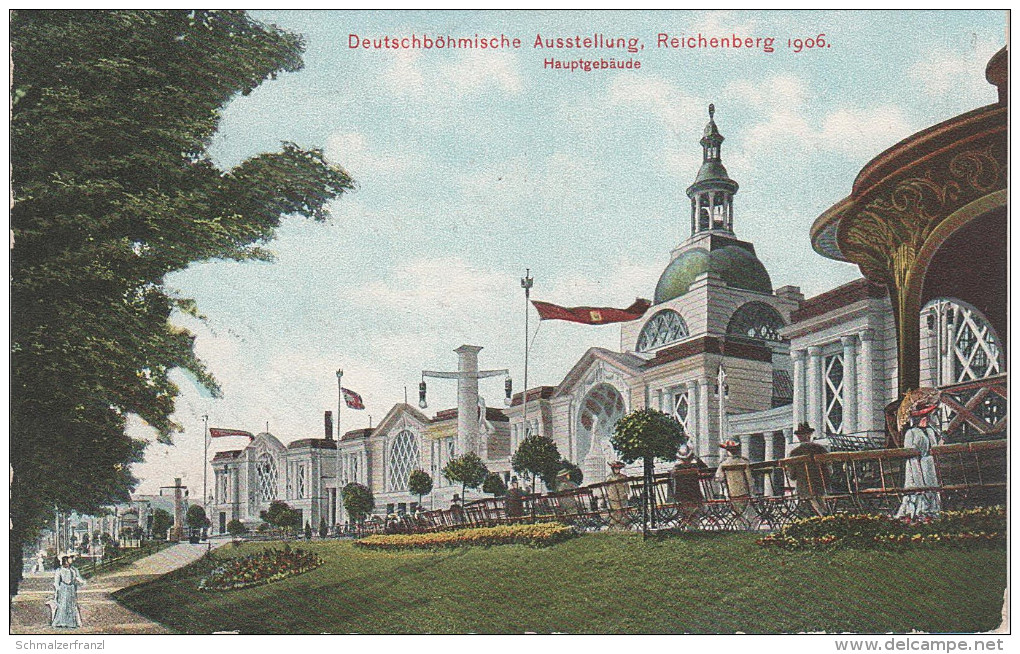 AK Liberec Reichenberg Hauptgebäude Deutsch Böhmische Ausstellung 1906 Stempel Ringelshain Rynoltice Bei Zittau Grottau - Sudeten