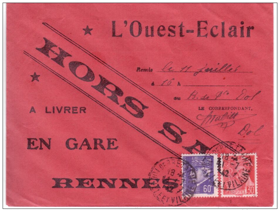 1942- Enveloppe HORS SAC Affr. à 90 C  De L´Ouest-Eclair  ( En Gare De Rennes ) - 1921-1960: Periodo Moderno