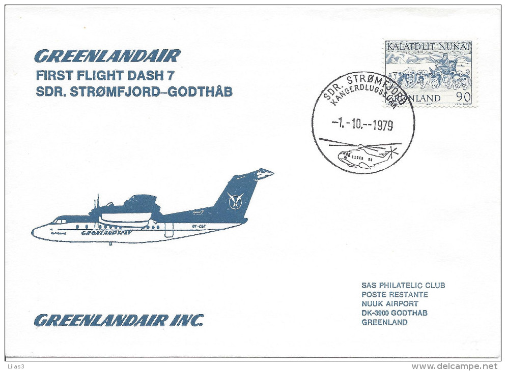 Greenlandair Premier Vol Dash 7 SDR Stromfjord Godthab 1/10 /1979 Cachet Illustré Hélicoptère SDR Stromfjord Aviation - Marcofilia