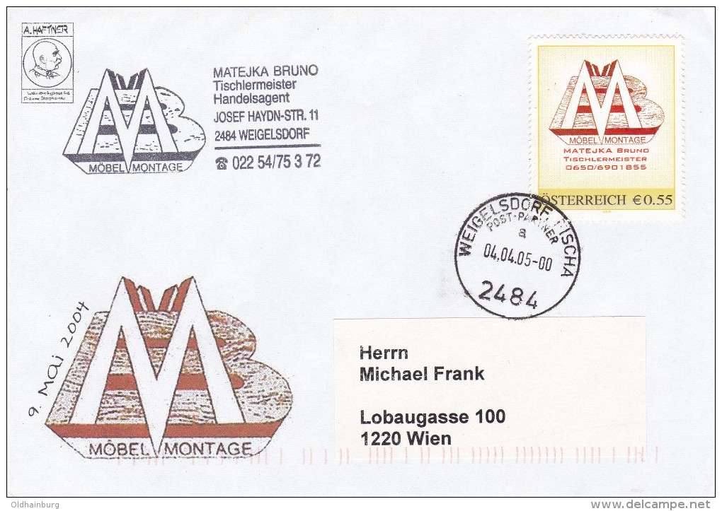 1307q: Personalisierte Marke Aus Österreich: Möbel Matejka, Gest. 04.04.05 Postpartner 2484 Weigelsdorf/ Fischa - Sellos Privados