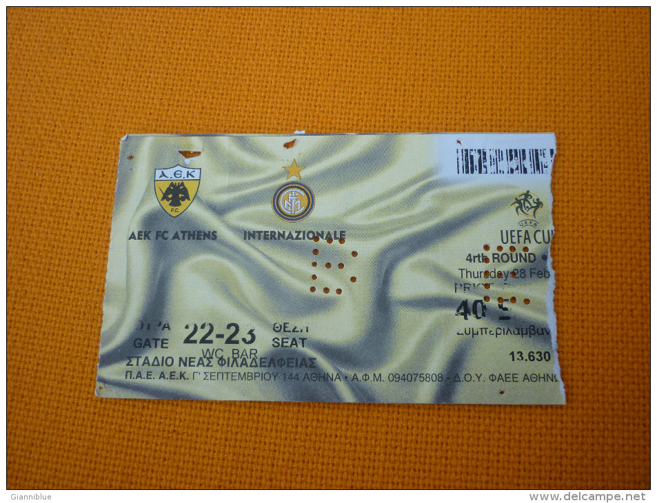 AEK-Inter Internazionale UEFA Cup Football Match Ticket Stub 28/02/2002 - Tickets D'entrée