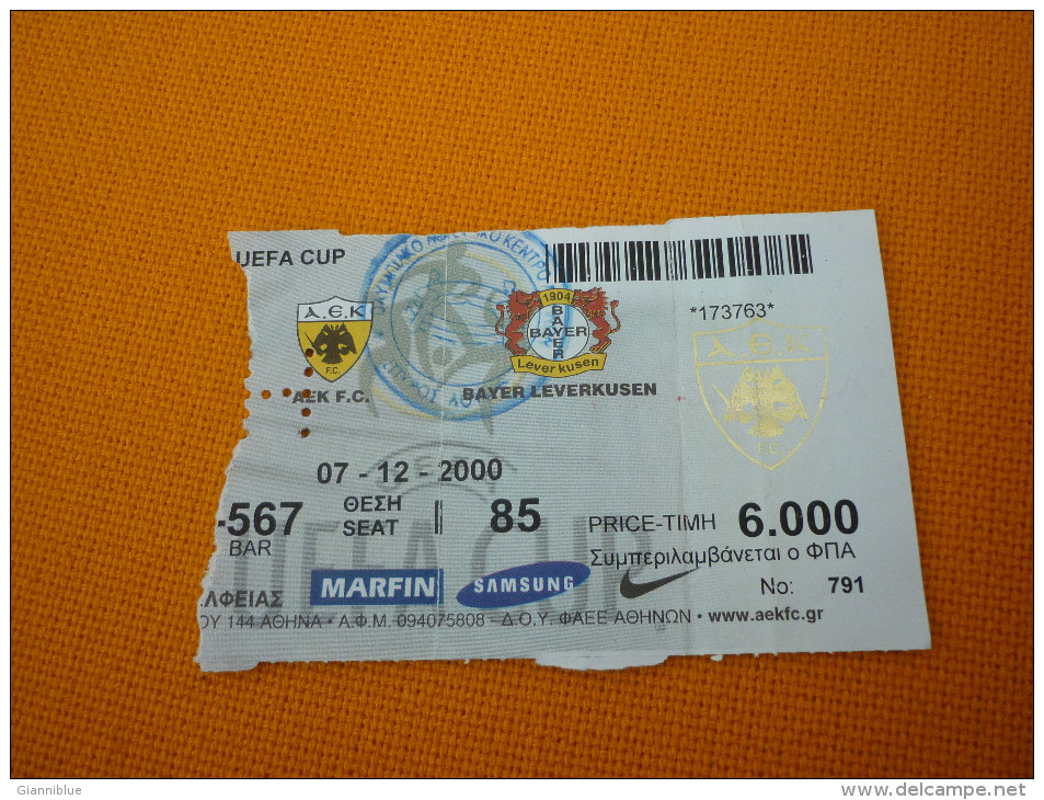 AEK-Bayer Leverkusen UEFA Cup Football Match Ticket Stub 07/12/2000 - Tickets D'entrée