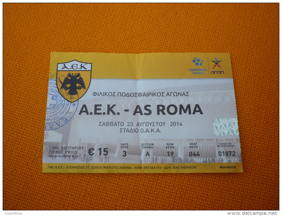 AEK-AS Roma International Friendly Game Football Match Ticket Stub 23/08/2014 (hologram) - Tickets D'entrée