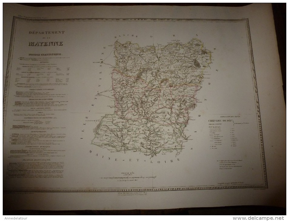 1836 Grde Carte Ancienne Réhaussée Couleurs :par A H Dufour ,  Département De La  MAYENNE  Avec Notices Hist. Et Stat. - Cartes Géographiques