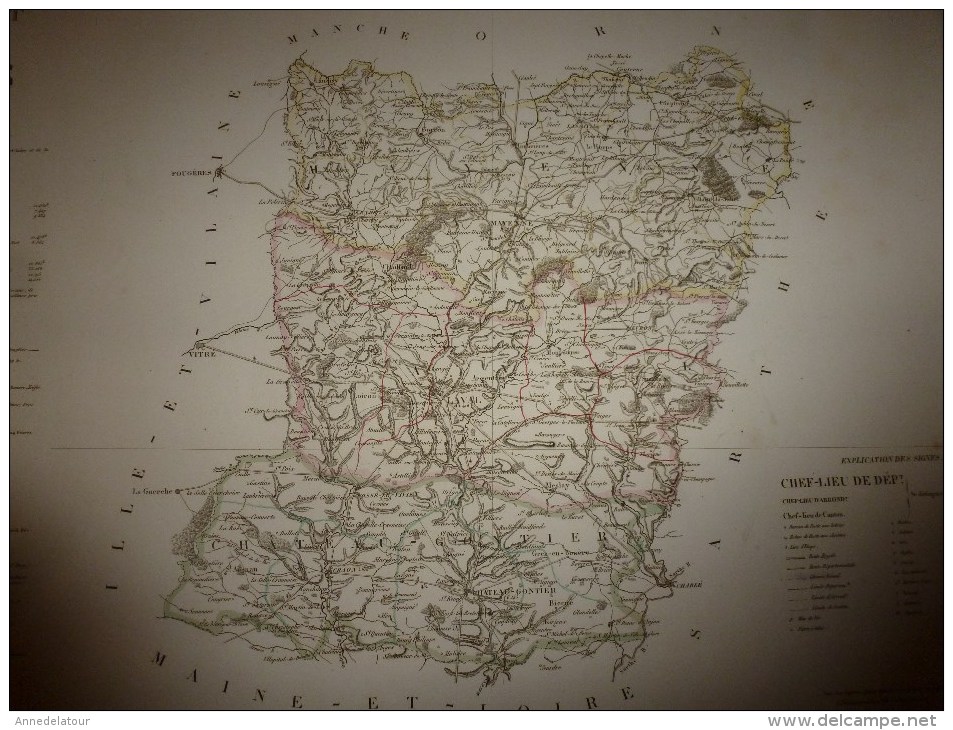 1836 Grde carte ancienne réhaussée couleurs :par A H Dufour ,  département de la  MAYENNE  avec notices hist. et stat.