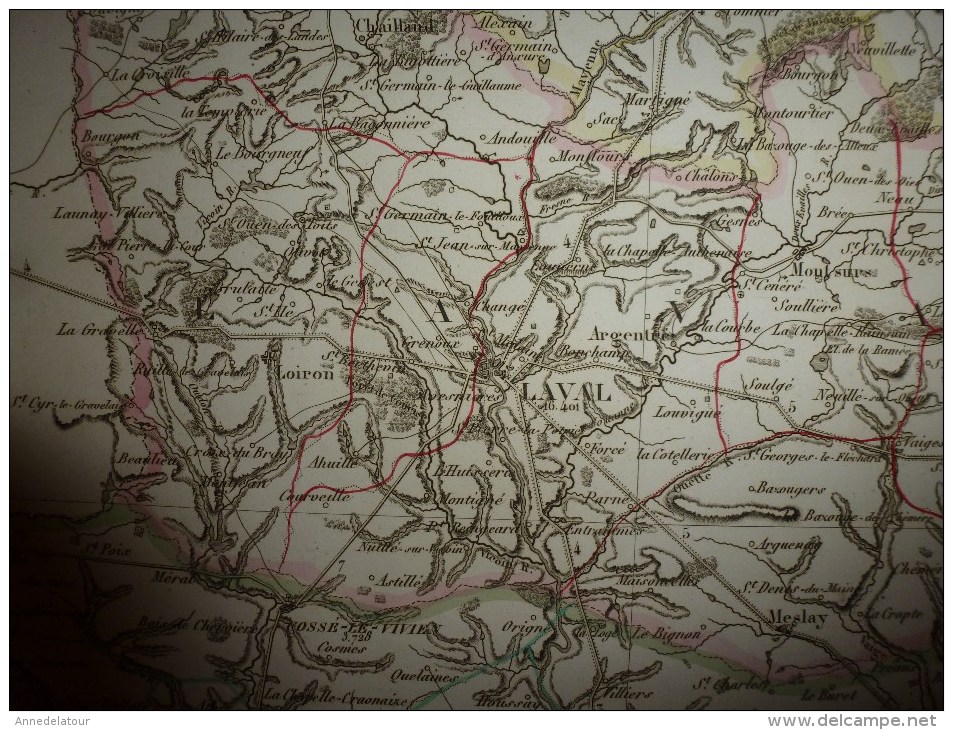 1836 Grde carte ancienne réhaussée couleurs :par A H Dufour ,  département de la  MAYENNE  avec notices hist. et stat.